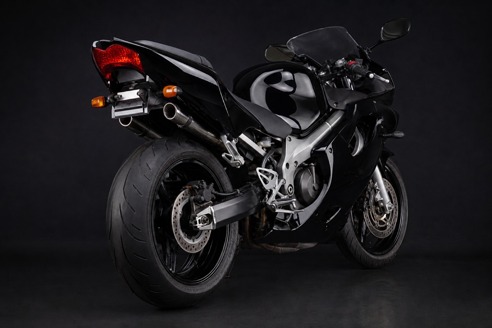 Rear three-quarter of a wrapped sport bike
