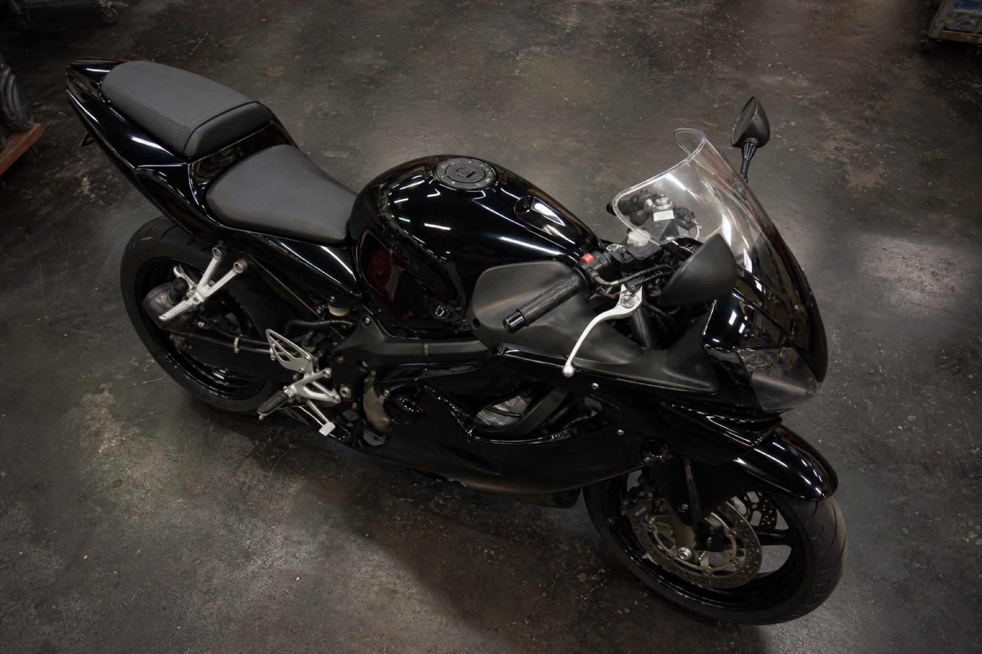 Overhead three-quarter view of a fully wrapped sport bike