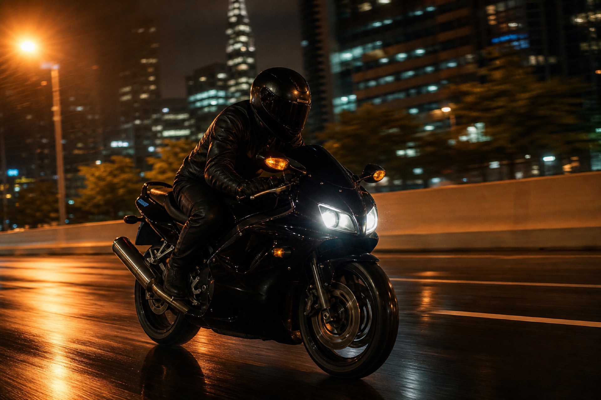 Gloss-black wrapped sport bike pulling through Jersey City at night