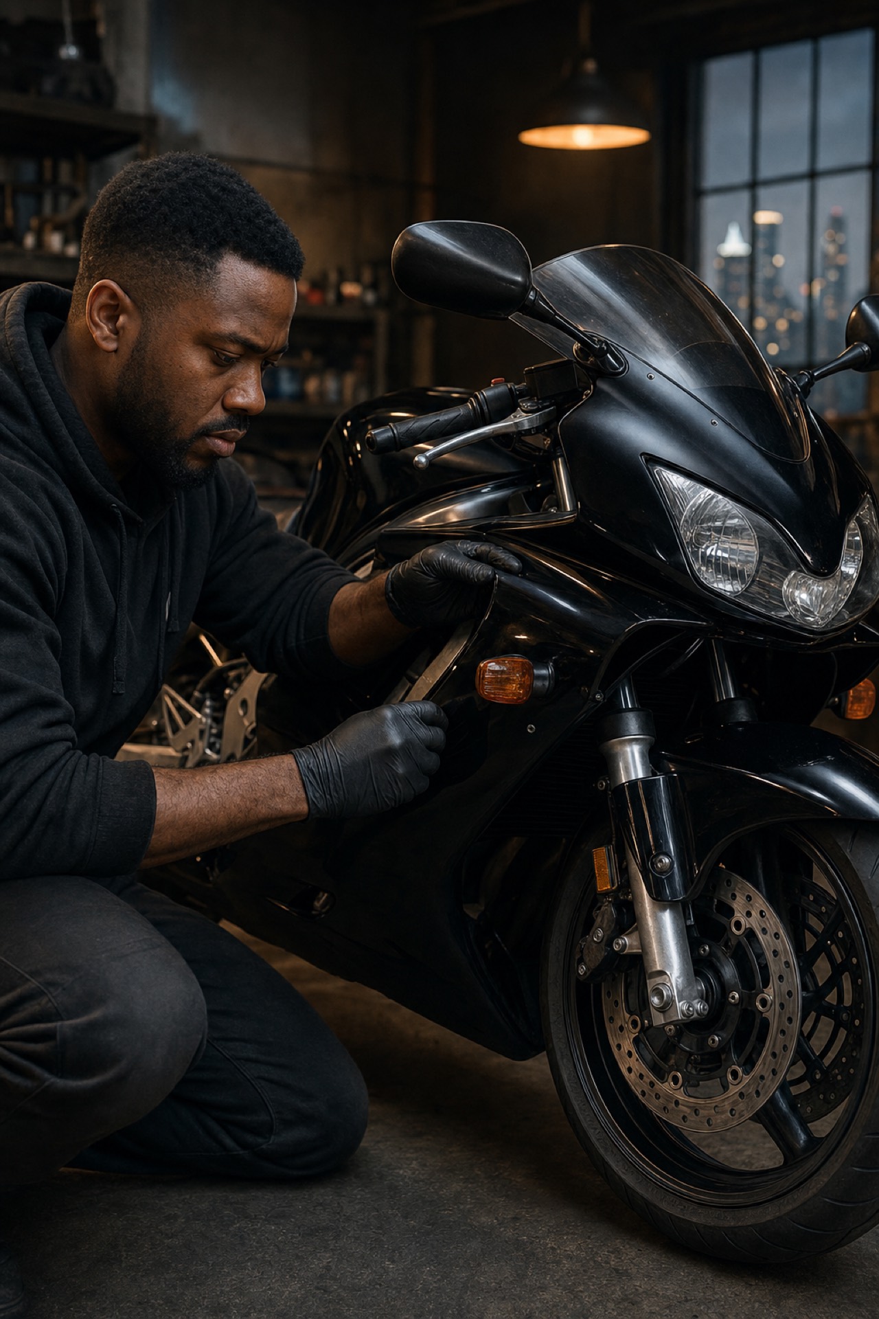 Wrapping a motorcycle panel by hand in the Jersey City garage