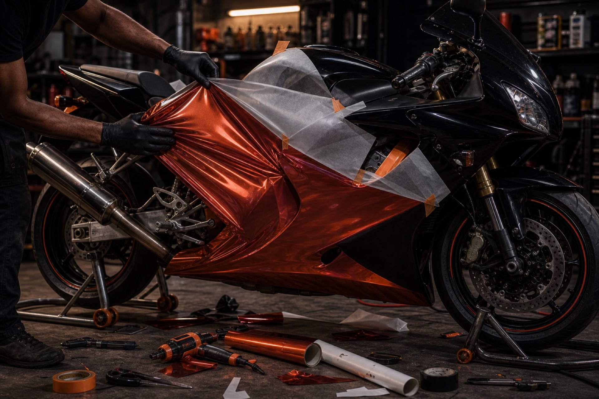 Motorcycle half wrapped mid build